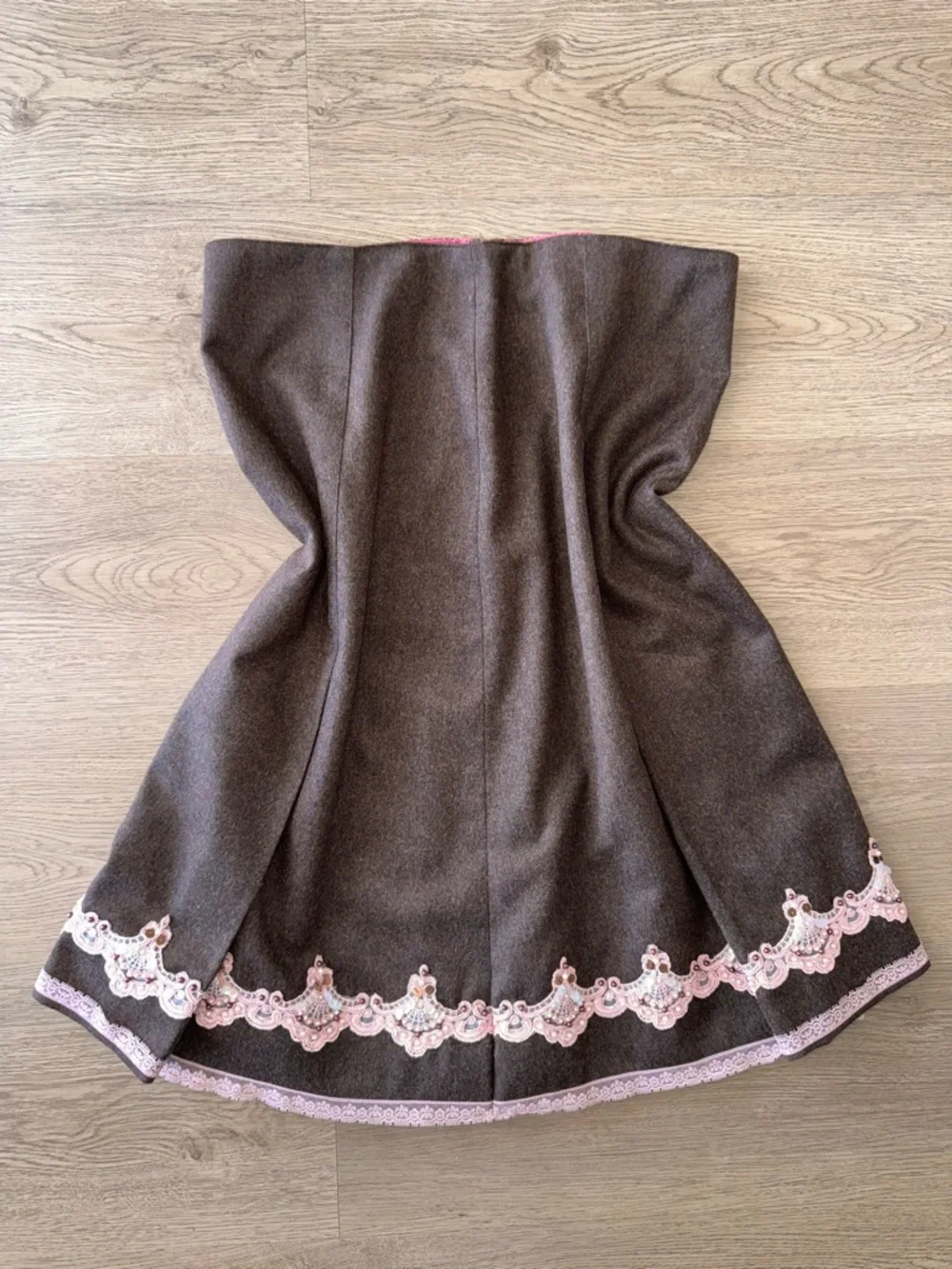 Express Brown A-Line KneeY2K Cottagecore Wool Blend Pink Sequin Lace Hem Skirt 6